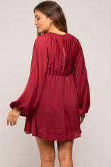 Burgundy Deep V-Neck Long Sleeve Maternity Dress