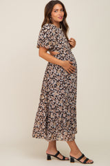 Black Floral Chiffon Back Cutout Short Puff Sleeve Maternity Midi Dress