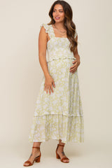 Light Olive Floral Ruffle Accent Smocked Maternity Midi Dress