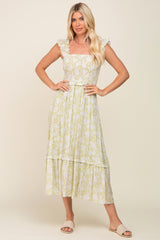 Light Olive Floral Ruffle Accent Smocked Maternity Midi Dress