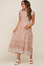 Peach Smocked Maternity Midi Dress