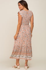 Peach Smocked Maternity Midi Dress