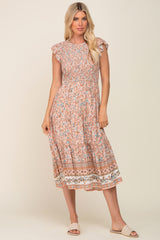 Peach Smocked Maternity Midi Dress