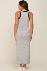 Black Striped Ribbed Sleeveless Maternity Maxi Dress