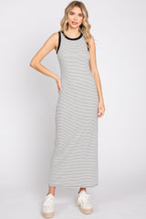 Black Striped Ribbed Sleeveless Maxi Dress