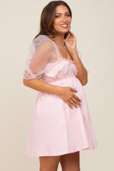 Light Pink Mesh Sleeve Maternity Mini Dress