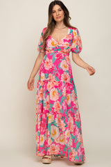 Fuchsia Floral Chiffon Front Sweetheart Neck Lace-Up Back Tiered Maternity Maxi Dress