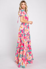 Fuchsia Floral Chiffon Front Sweetheart Neck Lace-Up Back Tiered Maxi Dress