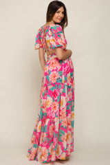 Fuchsia Floral Chiffon Front Sweetheart Neck Lace-Up Back Tiered Maternity Maxi Dress