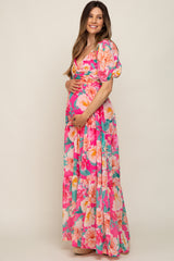 Fuchsia Floral Chiffon Front Sweetheart Neck Lace-Up Back Tiered Maternity Maxi Dress