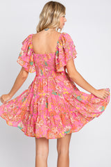 Fuchsia Floral Frill Sleeve Tiered Dress