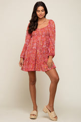 Red Paisley Tiered Long Sleeve Mini Dress