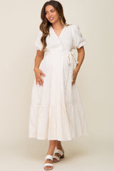 Cream Linen Wrap V-Neck Short Sleeve Tiered Maternity Midi Dress