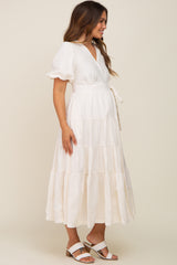 Cream Linen Wrap V-Neck Short Sleeve Tiered Maternity Midi Dress