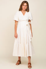 Cream Linen Wrap V-Neck Short Sleeve Tiered Midi Dress