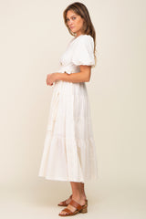 Cream Linen Wrap V-Neck Short Sleeve Tiered Midi Dress