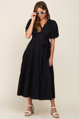 Black Linen Wrap V-Neck Short Sleeve Tiered Midi Dress