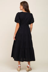 Black Linen Wrap V-Neck Short Sleeve Tiered Midi Dress