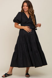 Black Linen Wrap V-Neck Short Sleeve Tiered Maternity Midi Dress