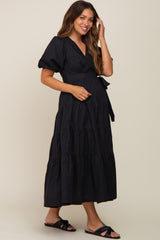 Black Linen Wrap V-Neck Short Sleeve Tiered Maternity Midi Dress