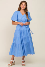 Blue Linen Wrap V-Neck Short Sleeve Tiered Midi Dress