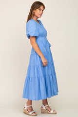 Blue Linen Wrap V-Neck Short Sleeve Tiered Midi Dress