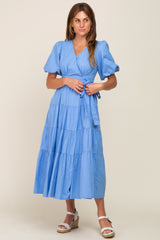 Blue Linen Wrap V-Neck Short Sleeve Tiered Midi Dress