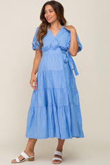 Blue Linen Wrap V-Neck Short Sleeve Tiered Maternity Midi Dress