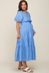 Blue Linen Wrap V-Neck Short Sleeve Tiered Maternity Midi Dress