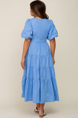 Blue Linen Wrap V-Neck Short Sleeve Tiered Maternity Midi Dress