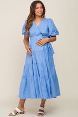 Blue Linen Wrap V-Neck Short Sleeve Tiered Maternity Midi Dress