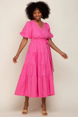 Pink Linen Wrap V-Neck Short Sleeve Tiered Midi Dress