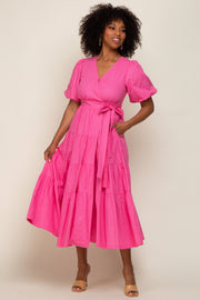 Pink Linen Wrap V-Neck Short Sleeve Tiered Midi Dress