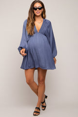 Navy Deep V-Neck Long Sleeve Maternity Dress