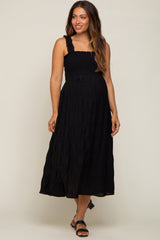 Black Smocked Square Neck Maternity Midi Dress