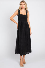 Black Smocked Square Neck Midi Dress