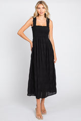 Black Smocked Square Neck Maternity Midi Dress