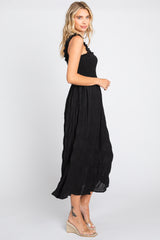 Black Smocked Square Neck Midi Dress