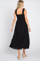 Black Smocked Square Neck Midi Dress