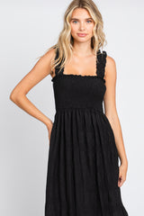 Black Smocked Square Neck Midi Dress