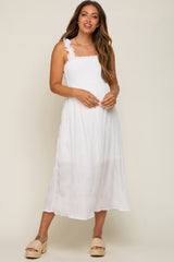 White Smocked Square Neck Maternity Midi Dres