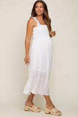 White Smocked Square Neck Maternity Midi Dres