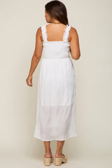 White Smocked Square Neck Maternity Midi Dres