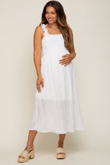 White Smocked Square Neck Maternity Midi Dres