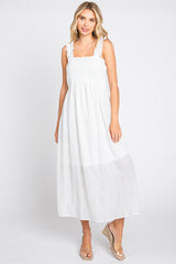 White Smocked Square Neck Maternity Midi Dres