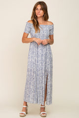 Light Blue Floral Off Shoulder Smocked Maxi Dress