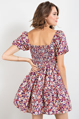 Purple Floral Printed Poplin Mini Dress