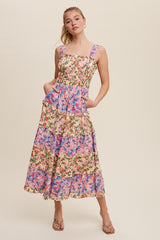 Purple Yellow Floral Contrast Tiered Maxi Dress