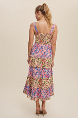 Purple Yellow Floral Contrast Tiered Maxi Dress