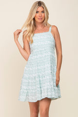 Mint Green Floral Square Neck Tiered Maternity Dress